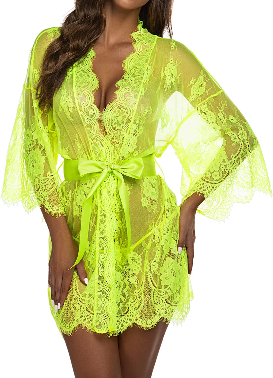 Avidlove Lace Kimono Robe Babydoll Lingerie Mesh Nightgown S-5XL