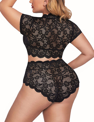 Avidlove Dessous in Übergröße, Plus-Size-Dessous-Set mit floraler Spitze und Muschelsaum, tiefer V-Ausschnitt, durchgehender Spitzen-BH und Höschen-Set, Clubwear 