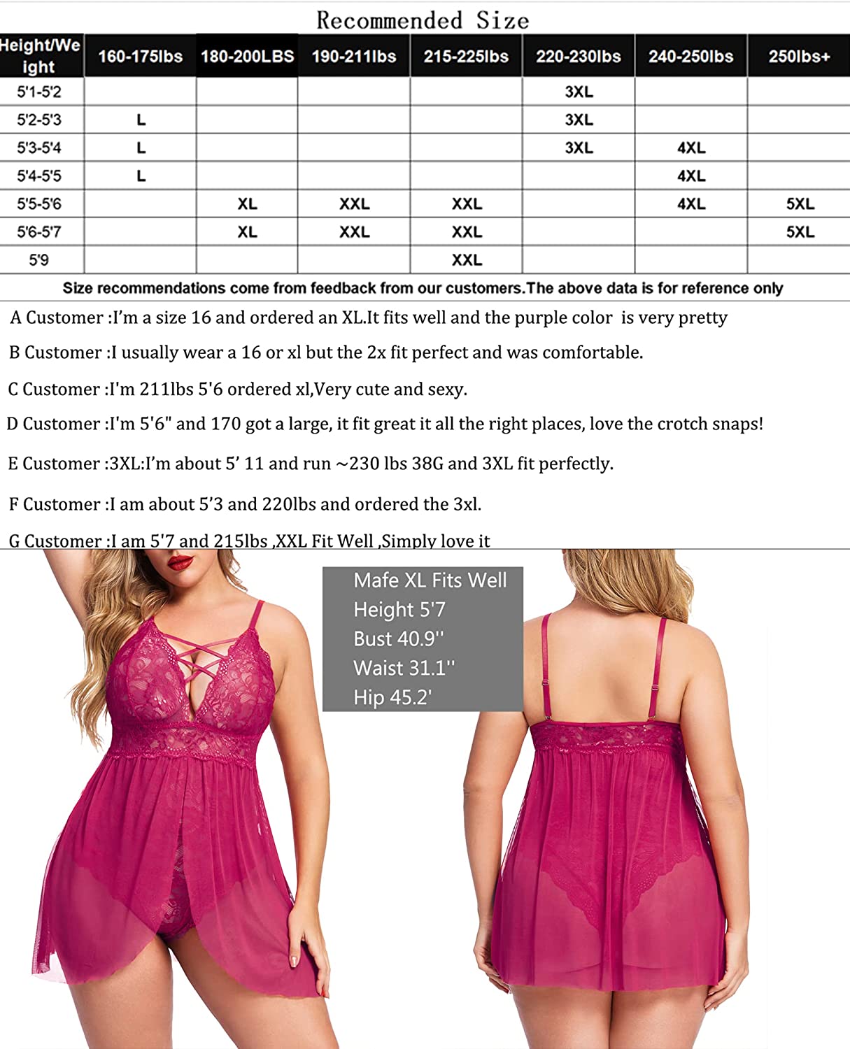 Avidlove Babydoll mit Druckknopfverschluss im Schritt, V-Ausschnitt, Spitze, Nachthemd, Nachtwäsche, L-4XL