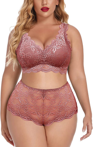 Conjunto de lencería de talla grande Avidlove con encaje, bralette con cuello halter y bragas de cintura alta 