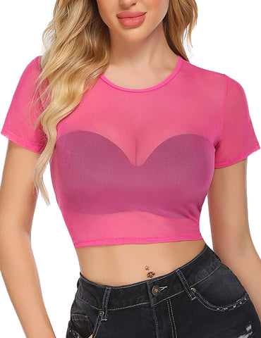 Top corto de malla Avidlove para camisetas ajustadas de manga corta, blusa transparente, cuello redondo, ropa de club 