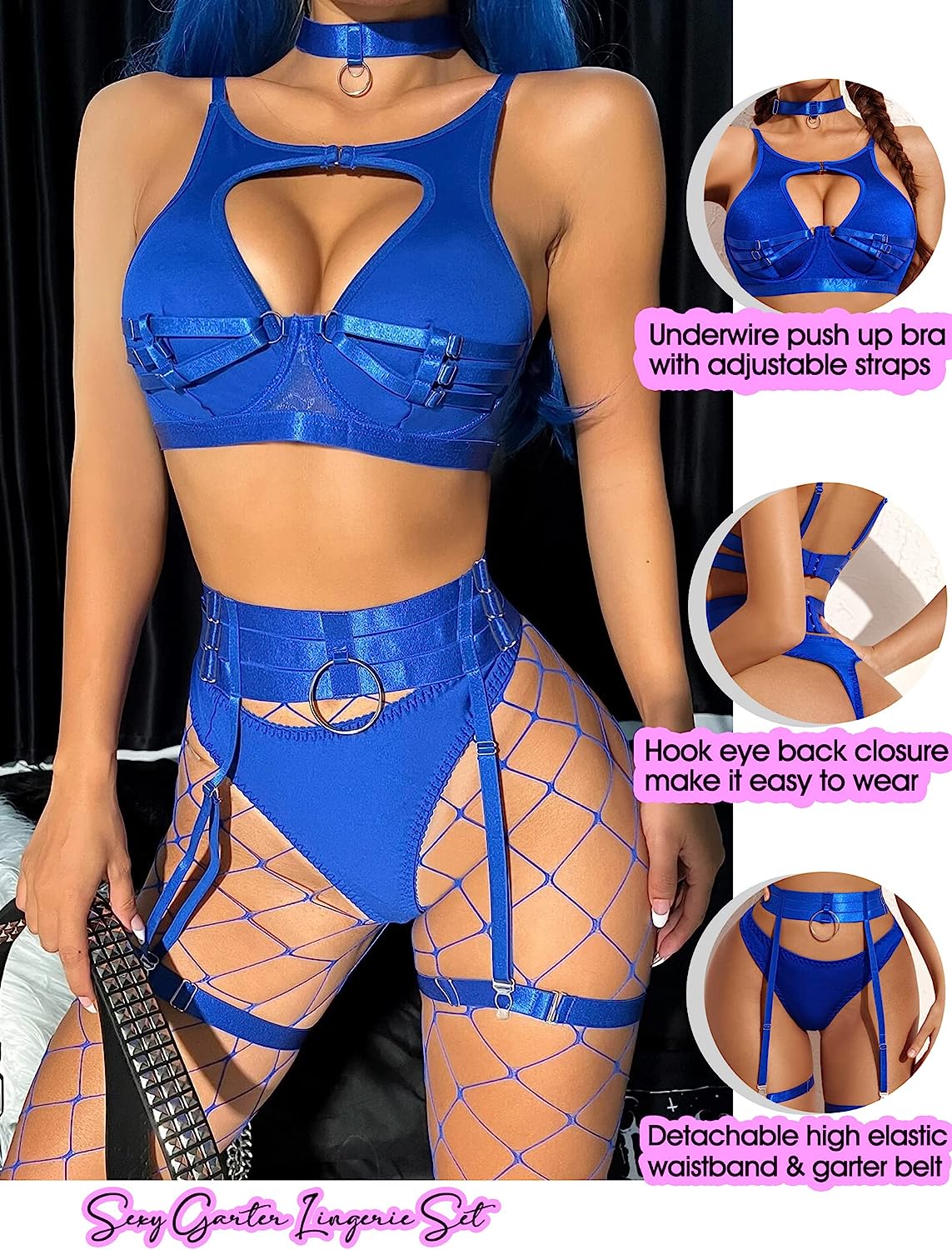 Conjunto de lencería Avidlove con aros, push up, conjunto de lencería bondage, conjunto de lencería de 5 piezas con tiras (sin medias) 