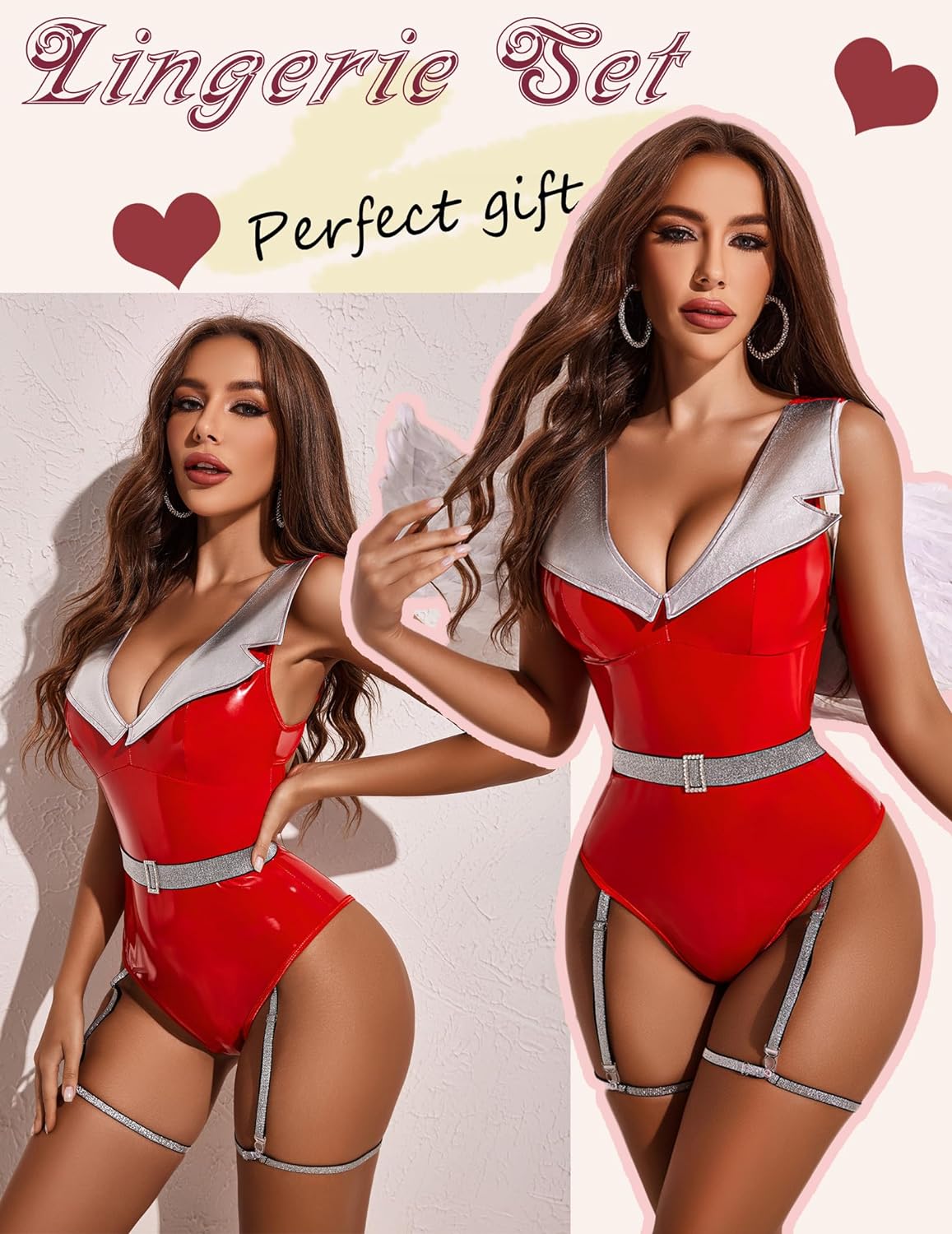 Lencería de cuero Avidlove para babydoll con entrepierna a presión y conjunto de liga de moda 