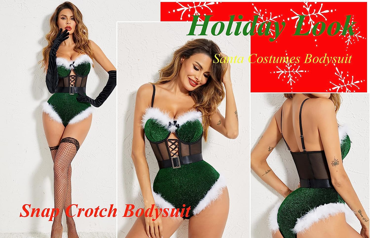 Lencería Avidlove para disfraces de Papá Noel, body con entrepierna a presión, escote en V profundo, trajes de boudior con aros y cinturón 