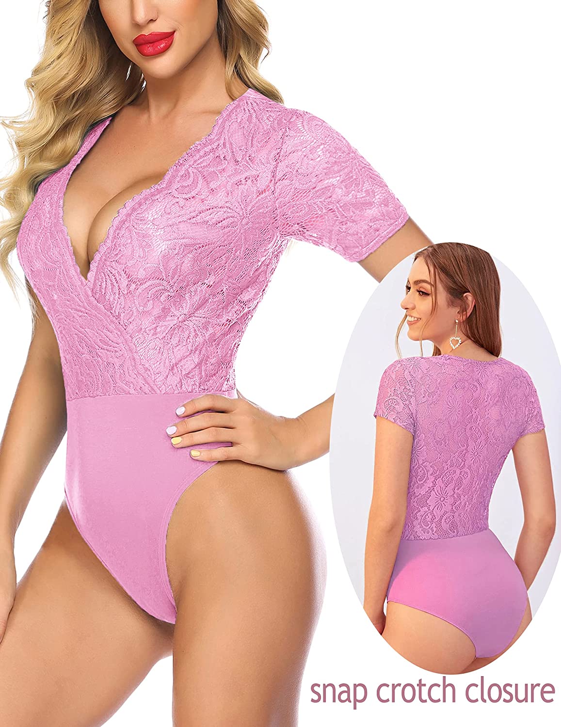 Avidlove Spitzen-Bodysuit mit kurzen Ärmeln, tiefer V-Ausschnitt, Druckknopfverschluss im Schritt, Clubwear-Oberteile, S-XXL