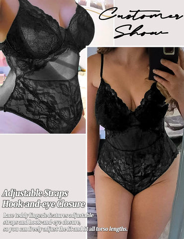 Avidlove Bodysuit mit Druckknopfverschluss im Schritt, Spitzen-Teddy-Dessous, einteilig, Dessous für Damen 