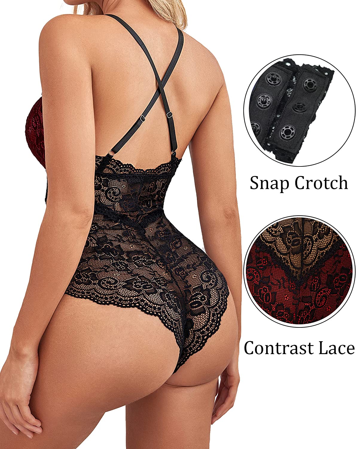 Avidlove Lingerie for Snap Crotch Teddy Bodysuit Contrast Lace One Piece Mini Babydoll