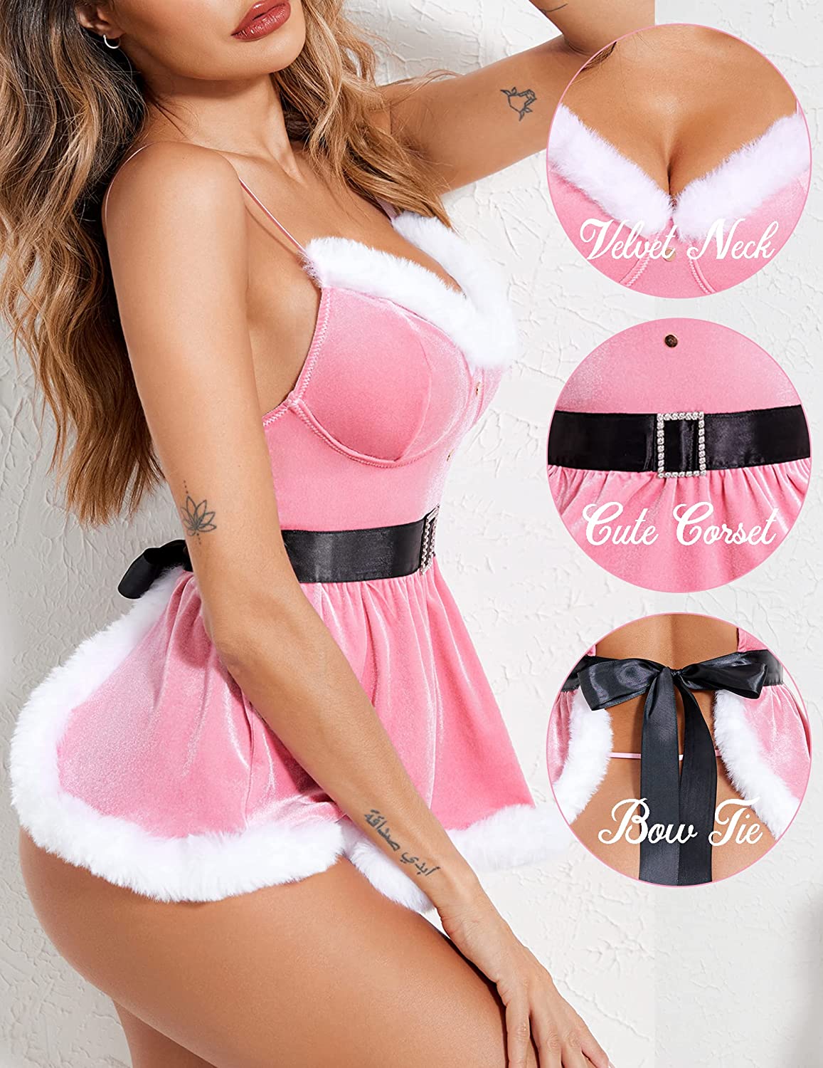 Lencería navideña Avidlove Babydolls de Papá Noel Camisolas Conjuntos de lencería de terciopelo rojo de Papá Noel 