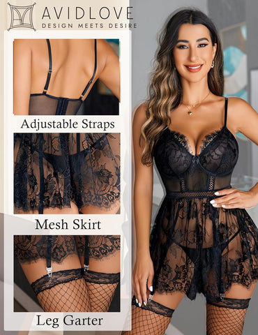 Avidlove Dessous für Spitzen-Babydoll, Nachtwäsche mit Strumpfhalter, Unterkleid, S-XXL