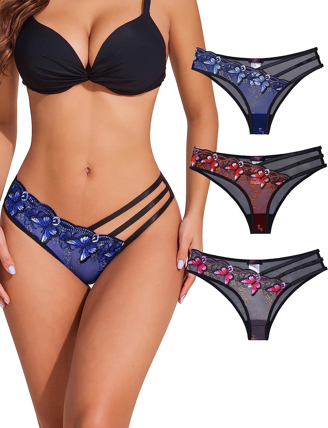 Avidlove Panties for Butterfly Embroidered Underwear Mesh Panties Pack