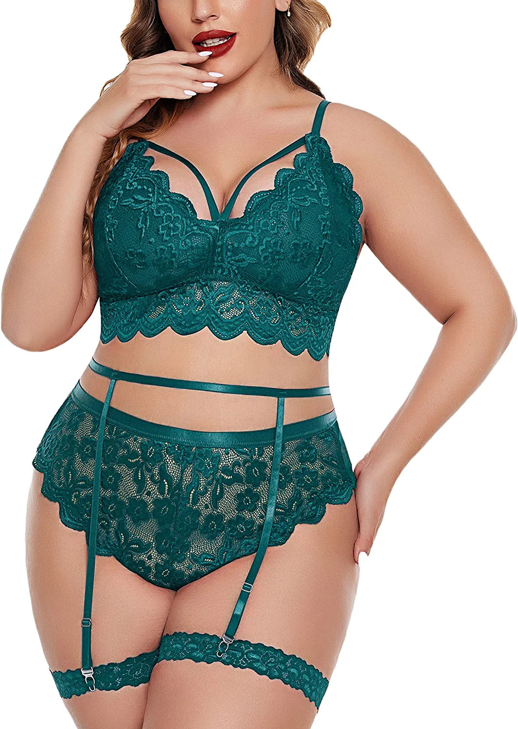 Avidlove Dessous in Übergröße für florale Spitzen-BHs mit Muschelsaum, hohe Taille, Höschen-Set mit Strumpfband