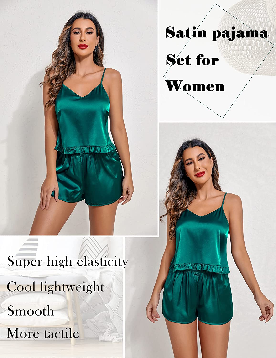 Avidlove Seiden-Pyjama-Set für V-Ausschnitt, gerüschte Satin-Nachtwäsche, solides 2-teiliges Cami-Shorts-Set 