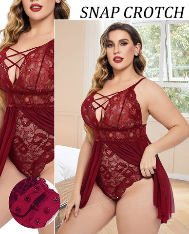 Avidlove Plus Size Babydoll Snap Crotch Lingerie V Neck Lace Nighty Sleepwear L-4XL