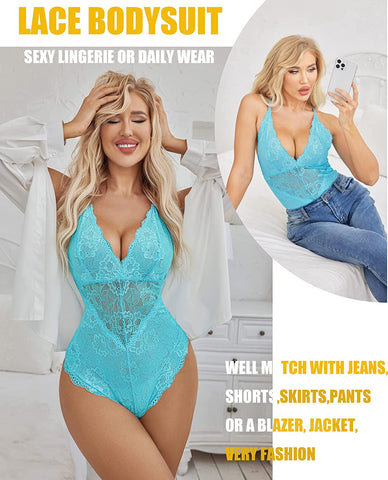 Avidlove Snap Crotch Lingerie Lace Bodysuit Deep V Teddy One Piece Lace Babydoll