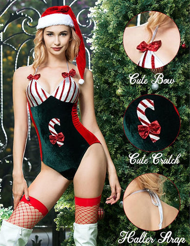 Avidlove Weihnachts-Dessous mit Weihnachtsmann-Teddy, V-Ausschnitt, Neckholder-Kostüm, Dessous, Samt-Body 