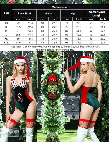 Avidlove Weihnachts-Dessous mit Weihnachtsmann-Teddy, V-Ausschnitt, Neckholder-Kostüm, Dessous, Samt-Body 