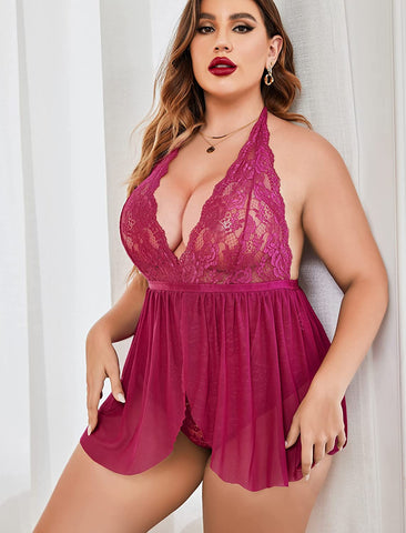 Avidlove Plus Size Babydoll Lingerie Snap Crotch Lace Nighty Halter Plunging Mesh Sleepwear 14-24W