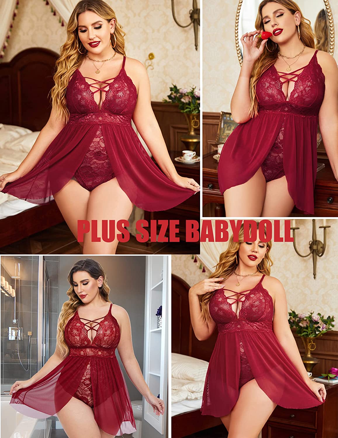 Avidlove Plus Size Babydoll Snap Crotch Lingerie V Neck Lace Nighty Sleepwear L-4XL