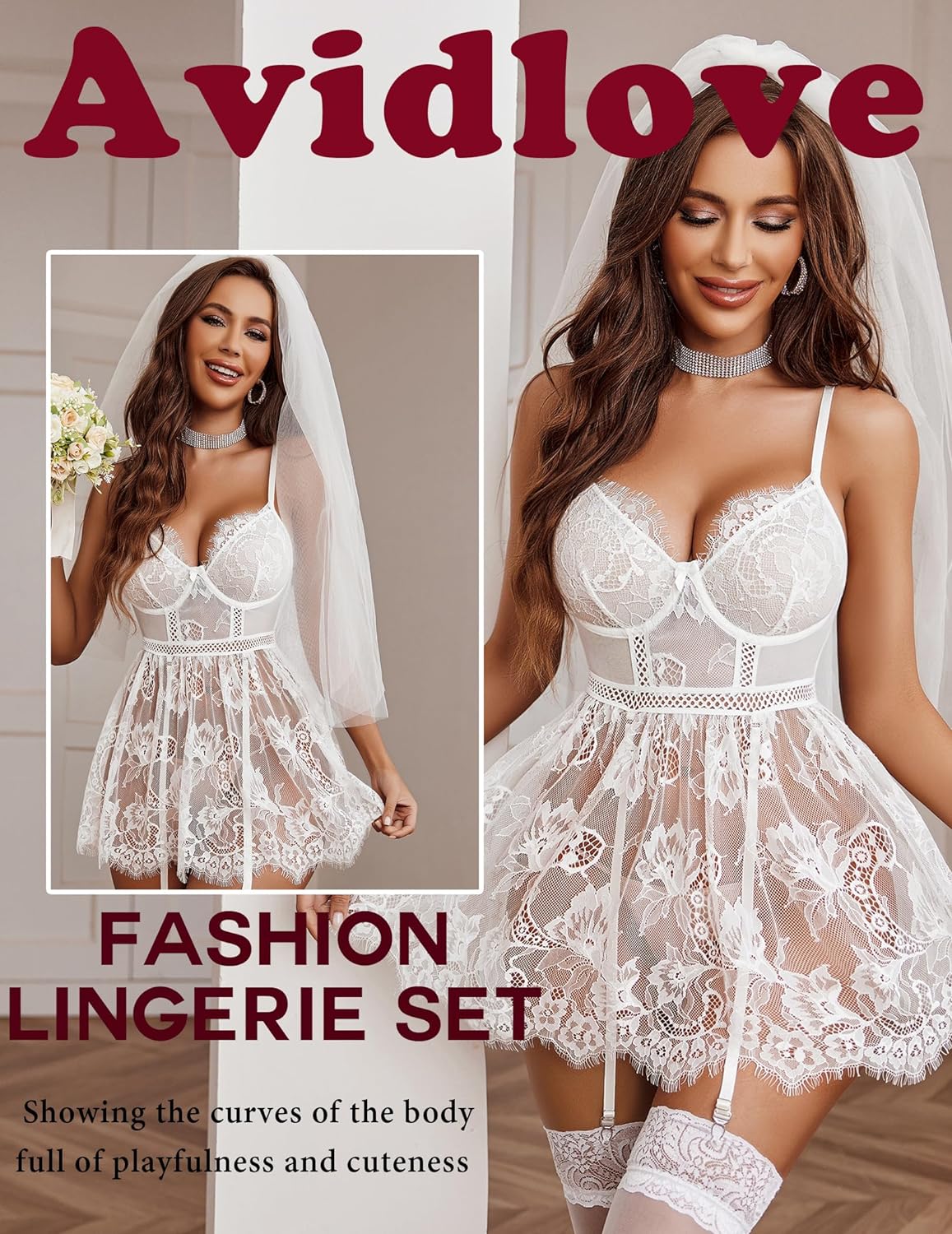 Avidlove Lingerie for Lace babydoll Sleepwear with Garter Belt Slip Dress S-XXL