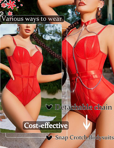 Avidlove Underwire Top Mesh Teddy Bodysuits Snap Crotch Lingerie with Choker Chain S-XXL