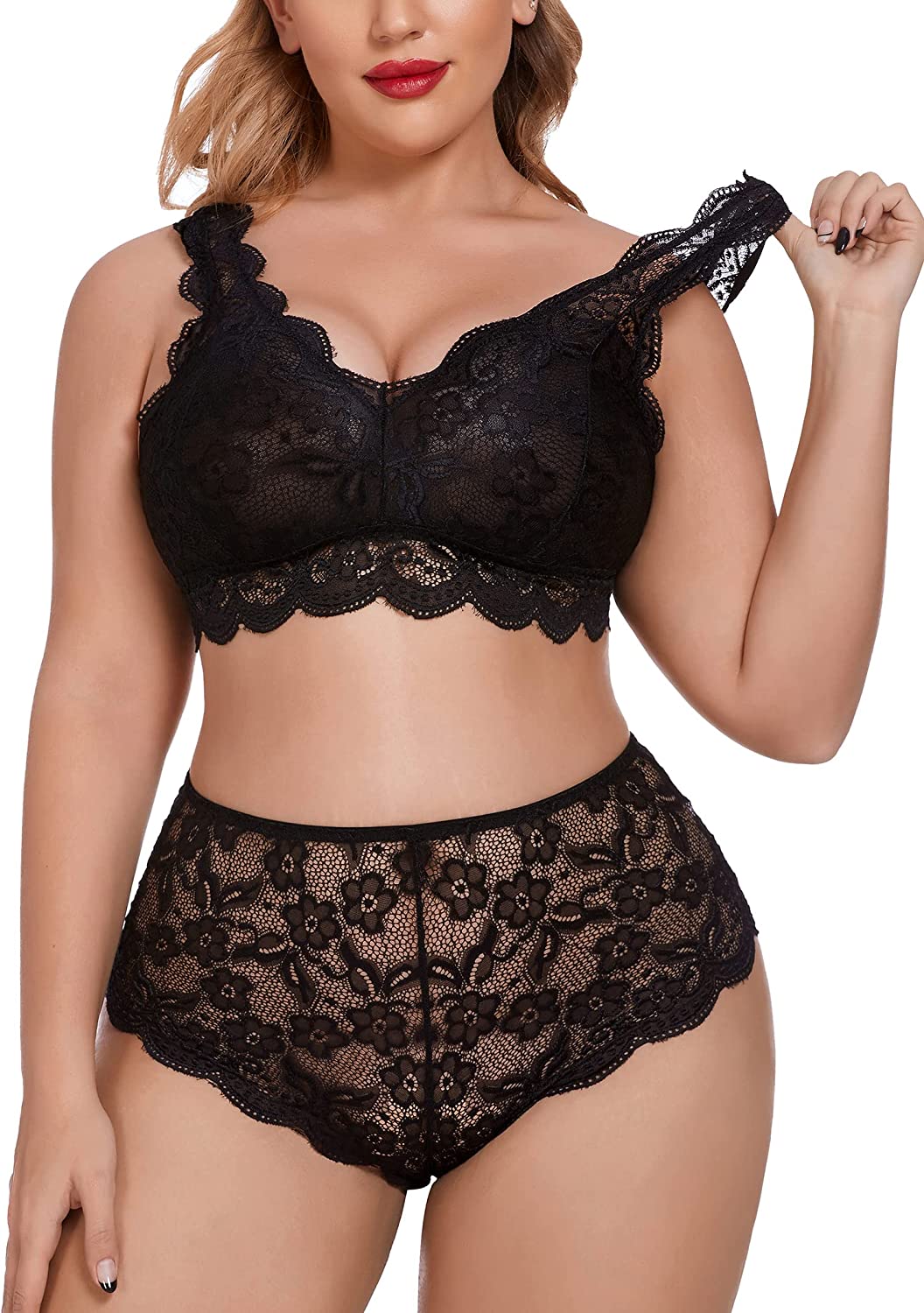 Avidlove Plus Size Lingerie Set Lace Halter Bralette High Waist Panty Set