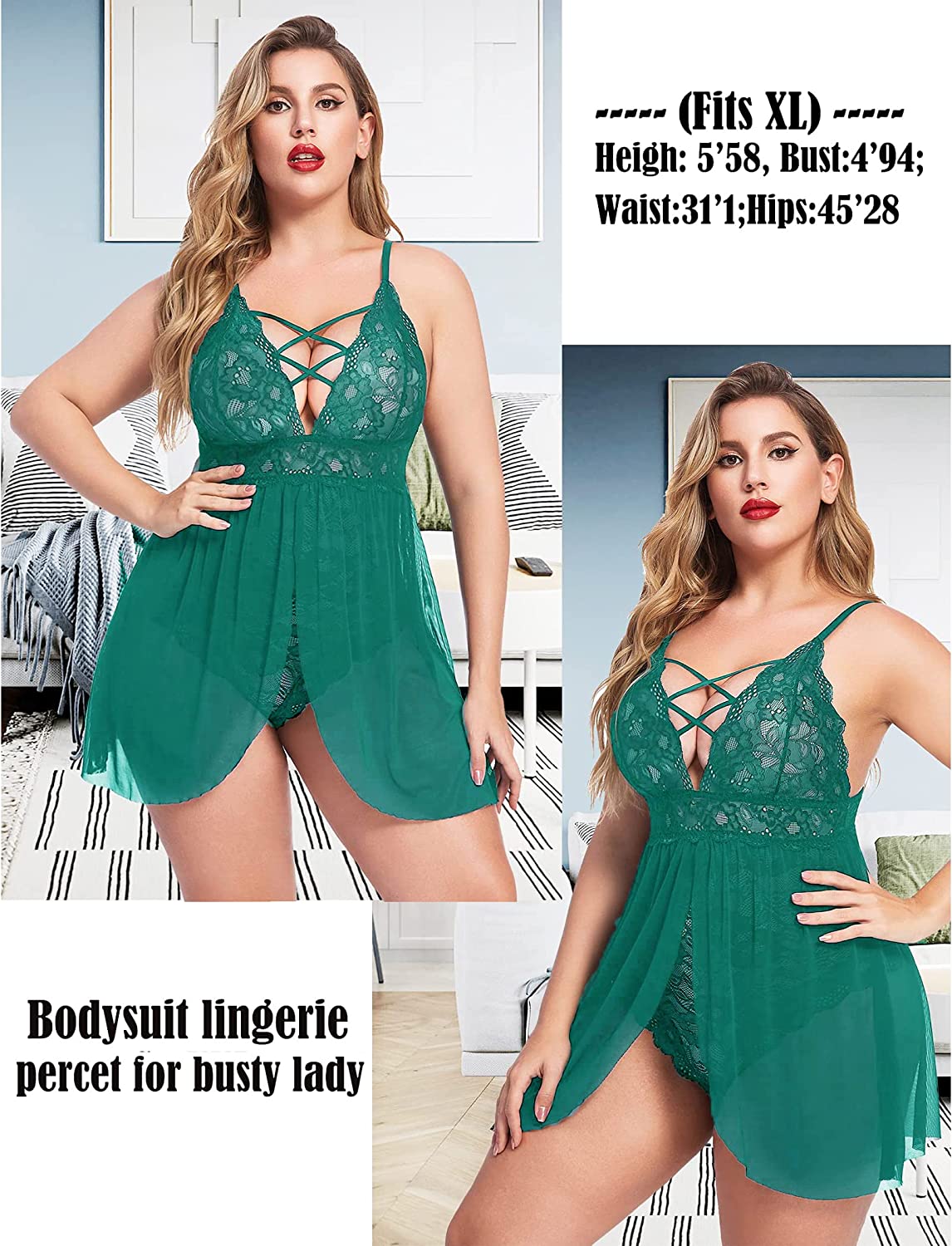 Avidlove Plus Size Babydoll Snap Crotch Lingerie V Neck Lace Nighty Sleepwear L-4XL