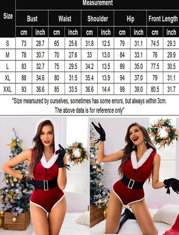 Avidlove Weihnachts-Dessous mit Druckknopf im Schritt, Teddy-Body mit Kapuze, Weihnachtsmann-Body mit Gürtel 