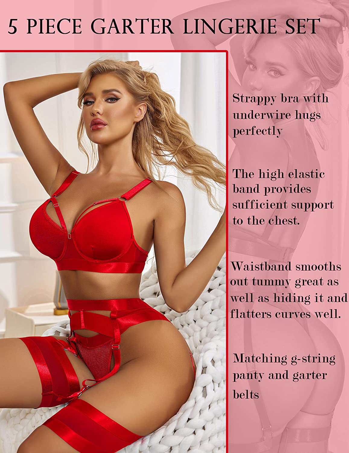Avidlove Lingerie Set for with Underwire Strappy Lingerie Push Up 5 Piece Lingerie Set with Garter