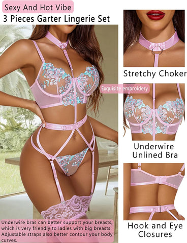 Avidlove Lingerie für bestickte Spitzen-Bügel-Riemchen-BH und Höschen-Set mit abnehmbarem Strumpfband 