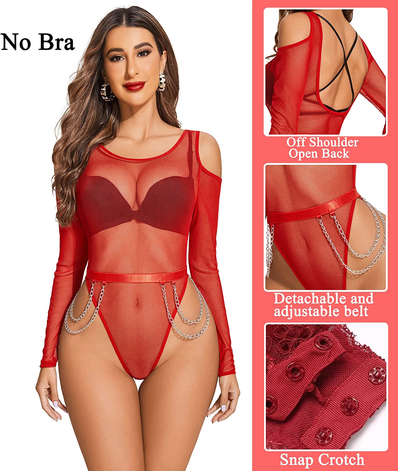 Avidlove Bodysuit for Mesh Tops Cold Shoulder Long Sleeve Shirts Waist Chains Snap Crotch Teddy Lingerie