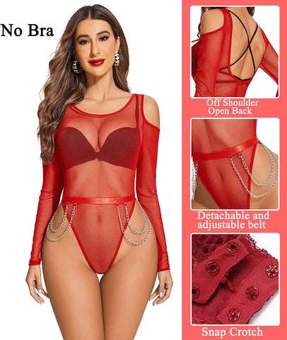 Avidlove Bodysuit für Netzoberteile, kalte Schultern, langärmelige Hemden, Taillenketten, Druckknopf-Schritt, Teddy-Dessous 