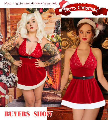 Avidlove Weihnachts-Dessous für den Weihnachtsmann, Dessous-Set, Babydoll, Chemise, Samt, freches Dessous-Kleid, S-XXL 