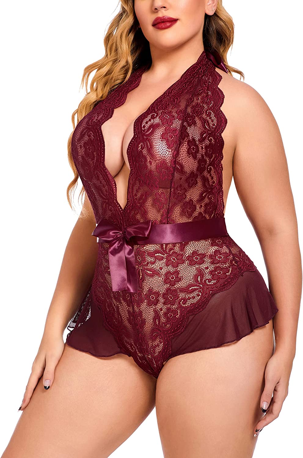 Lencería de talla grande Avidlove para escote en V profundo, lencería tipo body de encaje con cuello halter, babydoll 