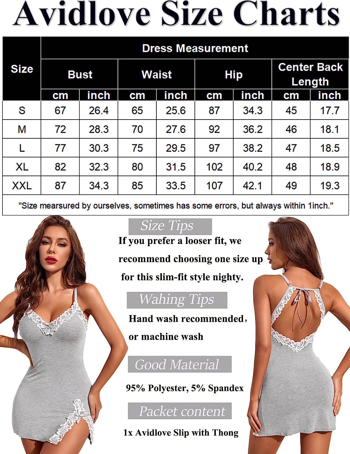 Avidlove Lingerie Lace Babydoll V Neck Sleepwear Cotton Nightgowns for Chemise