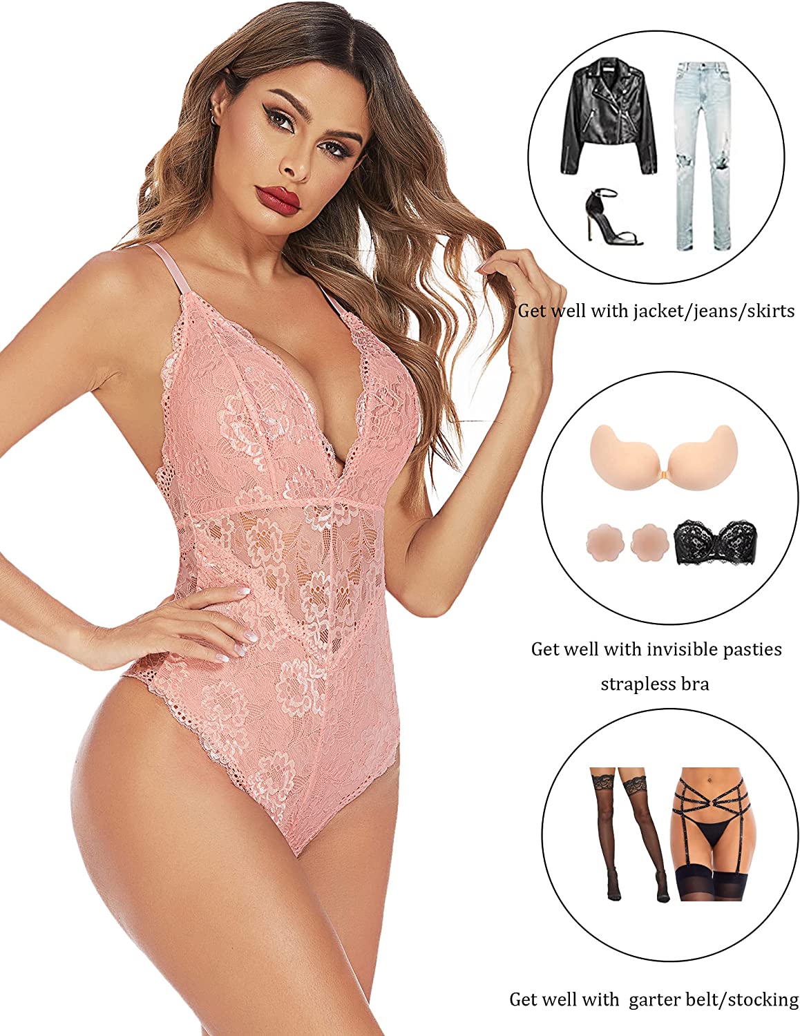 Avidlove Dessous mit Druckknopfverschluss im Schritt, Spitzen-Bodysuit, tiefer V-Ausschnitt, Teddy, einteilig, Spitzen-Babydoll 