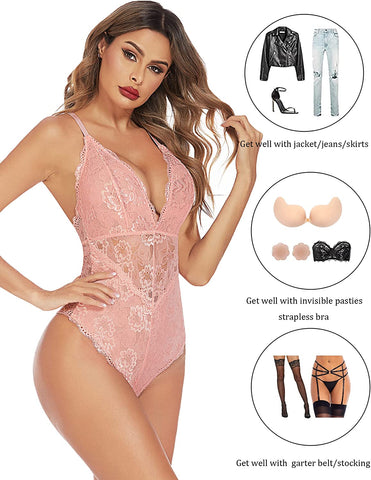 Avidlove Dessous mit Druckknopfverschluss im Schritt, Spitzen-Bodysuit, tiefer V-Ausschnitt, Teddy, einteilig, Spitzen-Babydoll 