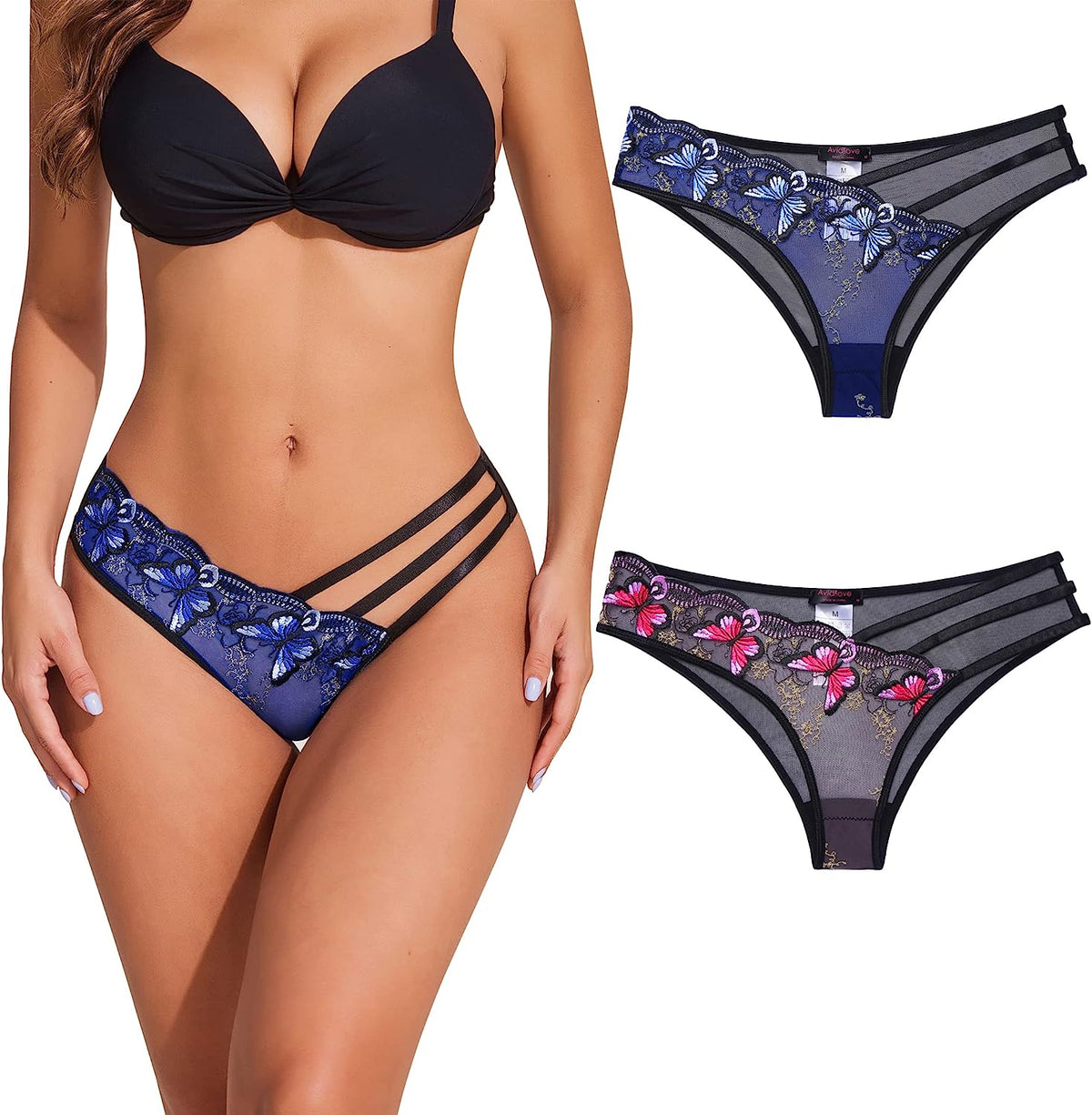 Avidlove Panties for Butterfly Embroidered Underwear Mesh Panties Pack