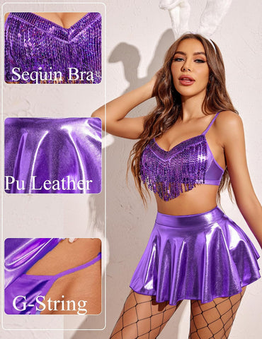 Conjunto de 3 piezas de lencería para cosplay con flecos de lentejuelas y falda metálica de Avidlove Rave Outfits 