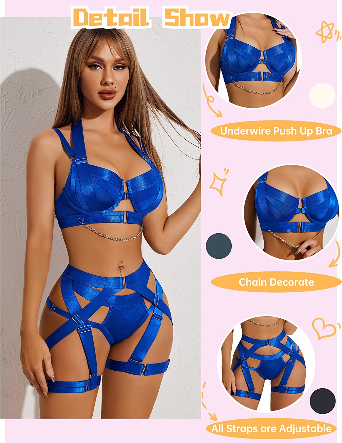 Avidlove Dessous-Set, Riemchen-Dessous, Bügel-Push-Up-BH, Strumpfhalter-Set, Dessous mit Kette 