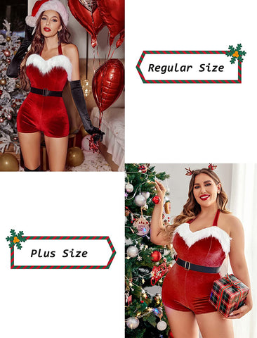 Avidlove Weihnachtsmann-Kostüm, Samt-Strampler, Weihnachts-Shorts, Bodysuit, Dessous mit Gürtel 