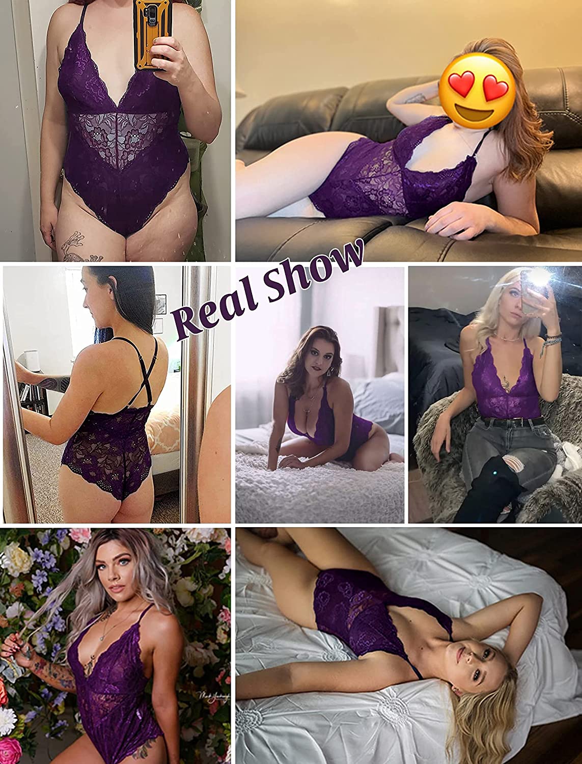 Avidlove Dessous mit Druckknopfverschluss im Schritt, Spitzen-Bodysuit, tiefer V-Ausschnitt, Teddy, einteilig, Spitzen-Babydoll 