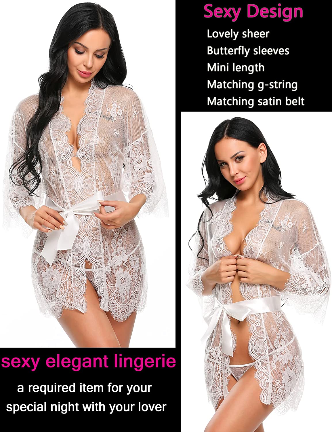 Avidlove Lace Kimono Robe Babydoll Lingerie Mesh Nightgown S-5XL