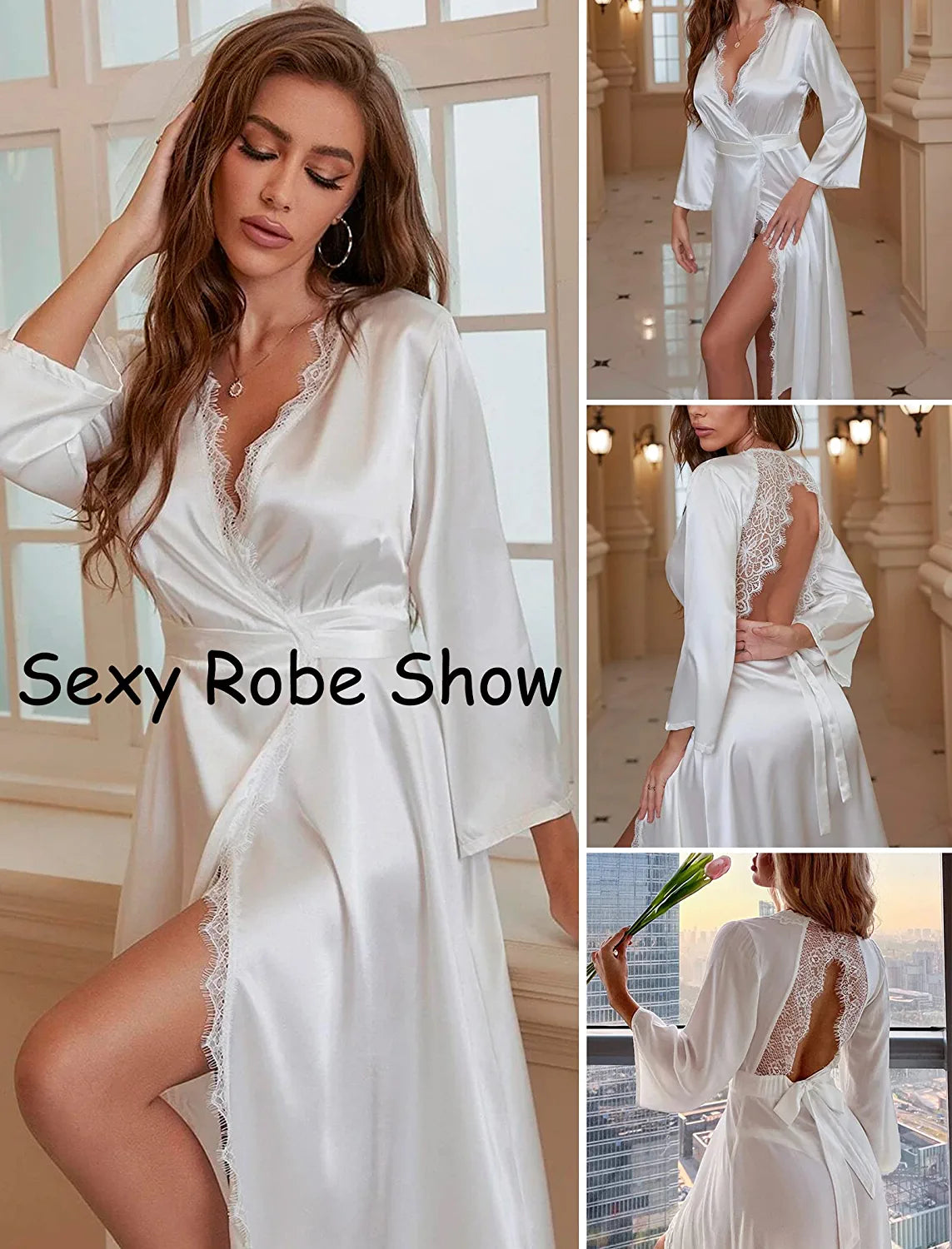 Avidlove Kimono-Robe, Spitze, rückenfrei, Satin-Robe, kurze, seidige Roben 