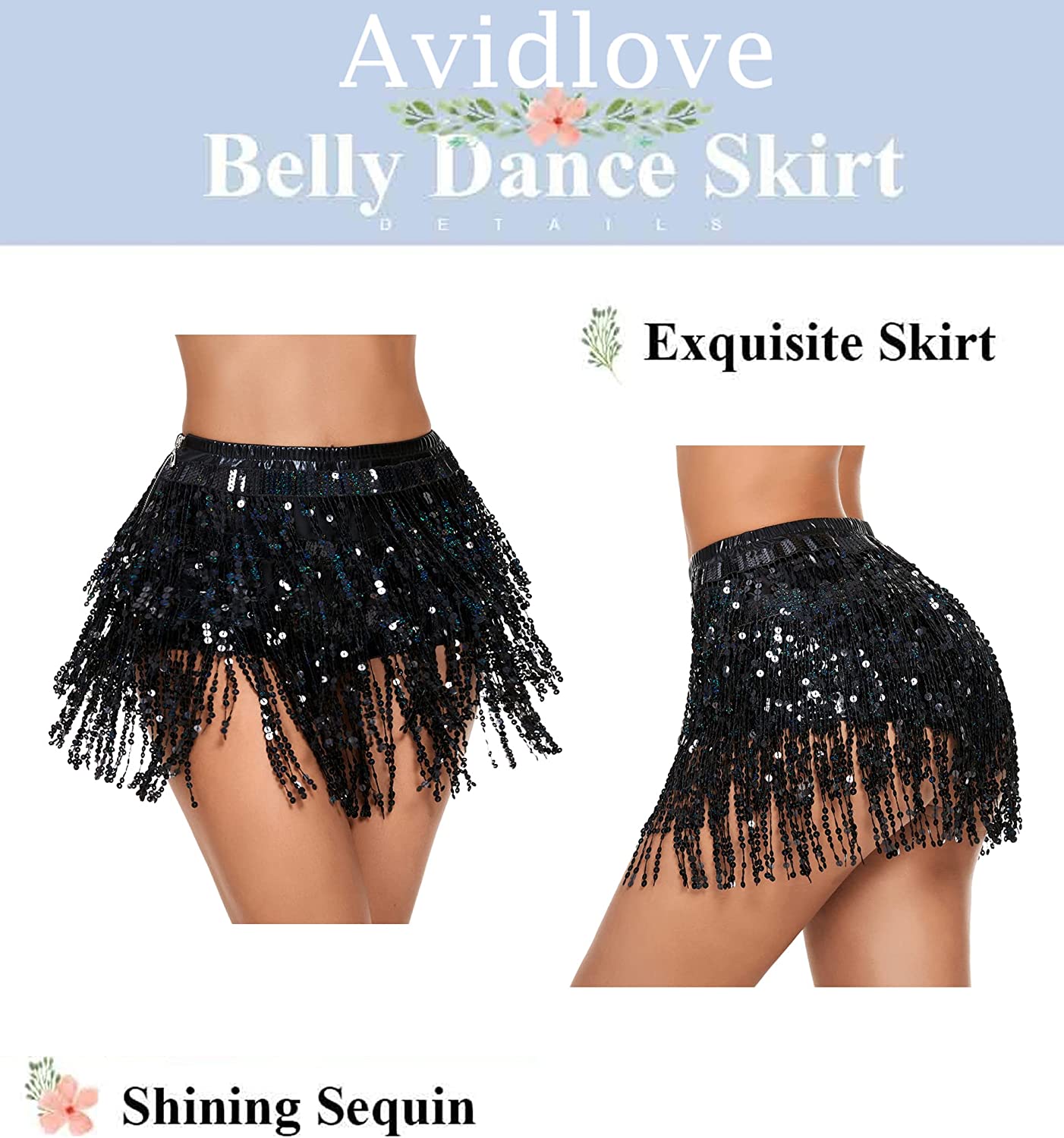 Avidlove Sequin Tassel Skirt Belly Dance Belt Dance Performance Skirt Party Rave Skirt for Women