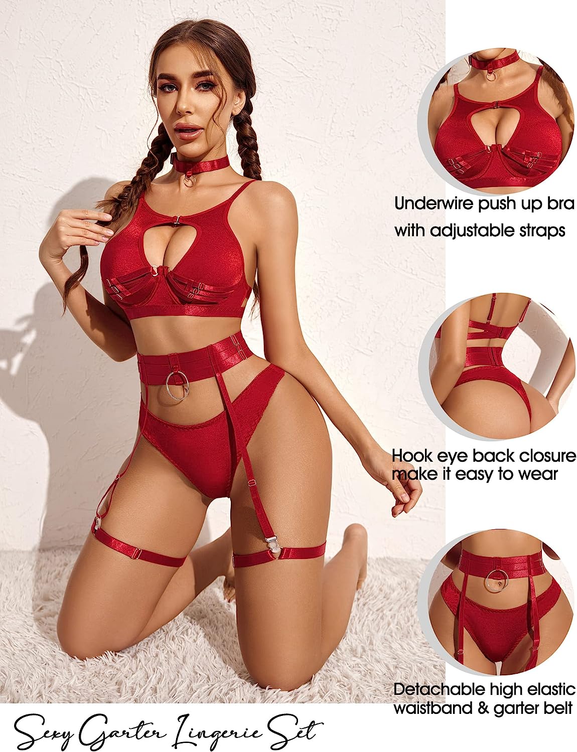 Avidlove Dessous-Set mit Bügel, Push-Up, Bondage-Dessous-Set, 5-teiliges Riemchen-Dessous-Set (ohne Strümpfe) 