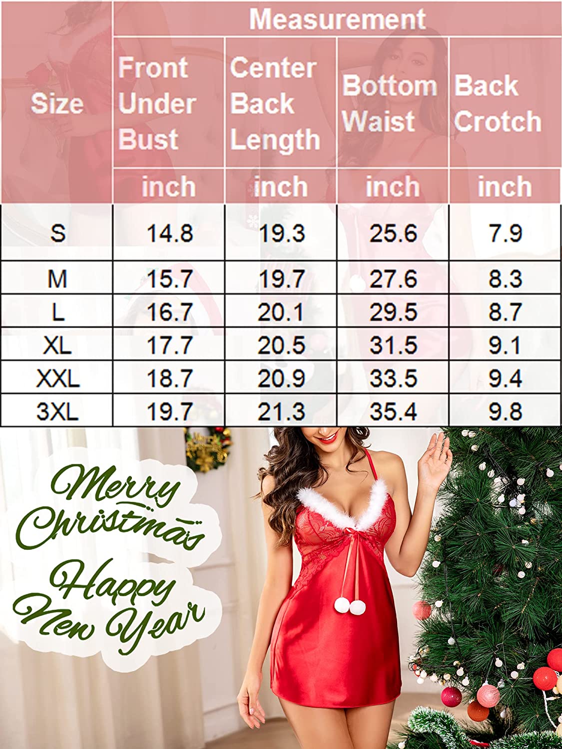 Avidlove Weihnachts-Dessous mit Weihnachtsmann-Motiv, Babydoll, Chemise aus Satin, Nachtwäsche 