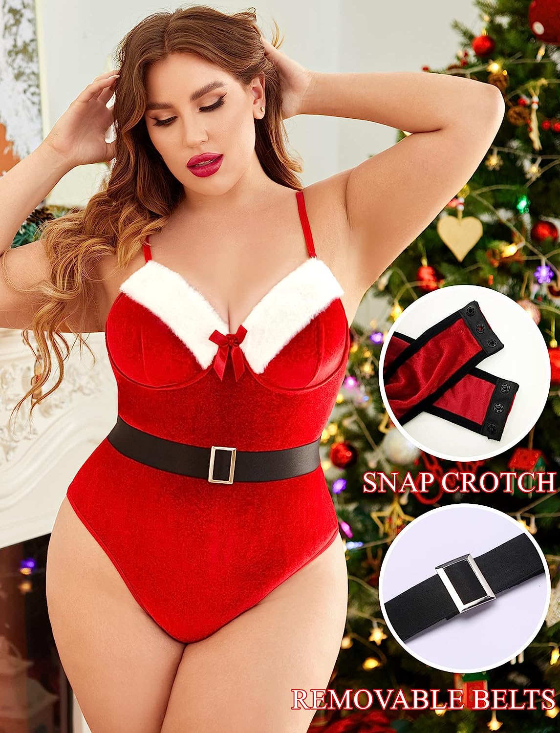 Avidlove Weihnachts-Dessous in Übergröße, Teddy-Body, einteilig, Weihnachtsmann-Babydoll mit Gürtel 