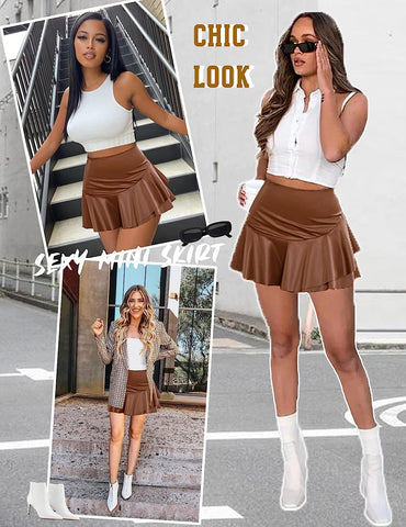 Avidlove Leather Mini Skirt Pleated Skirt High Waist Ruffled Short Skirts Mini Lingerie Skirt with Zipper