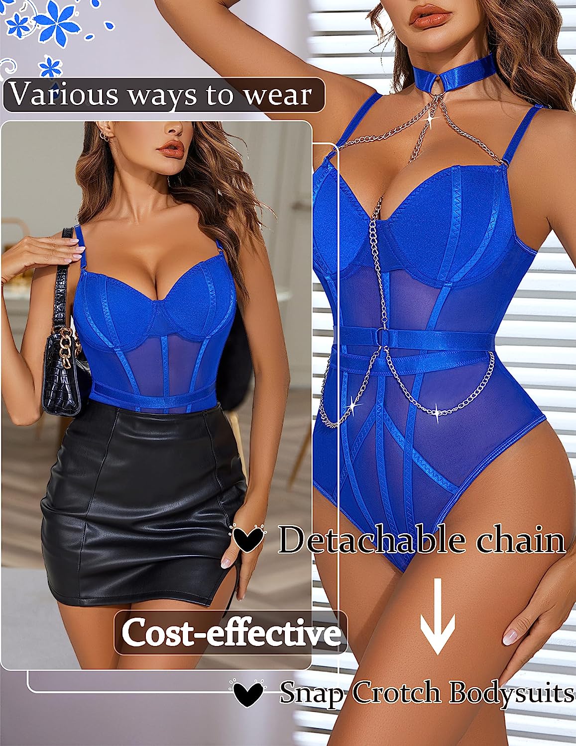 Avidlove Underwire Top Mesh Teddy Bodysuits Snap Crotch Lingerie with Choker Chain S-XXL