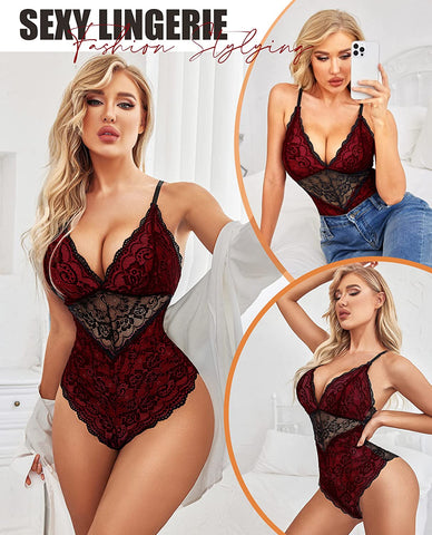 Avidlove Dessous für Teddy-Bodysuit mit Druckknopfverschluss im Schritt, kontrastierende Spitze, einteilig, Mini-Babydoll 